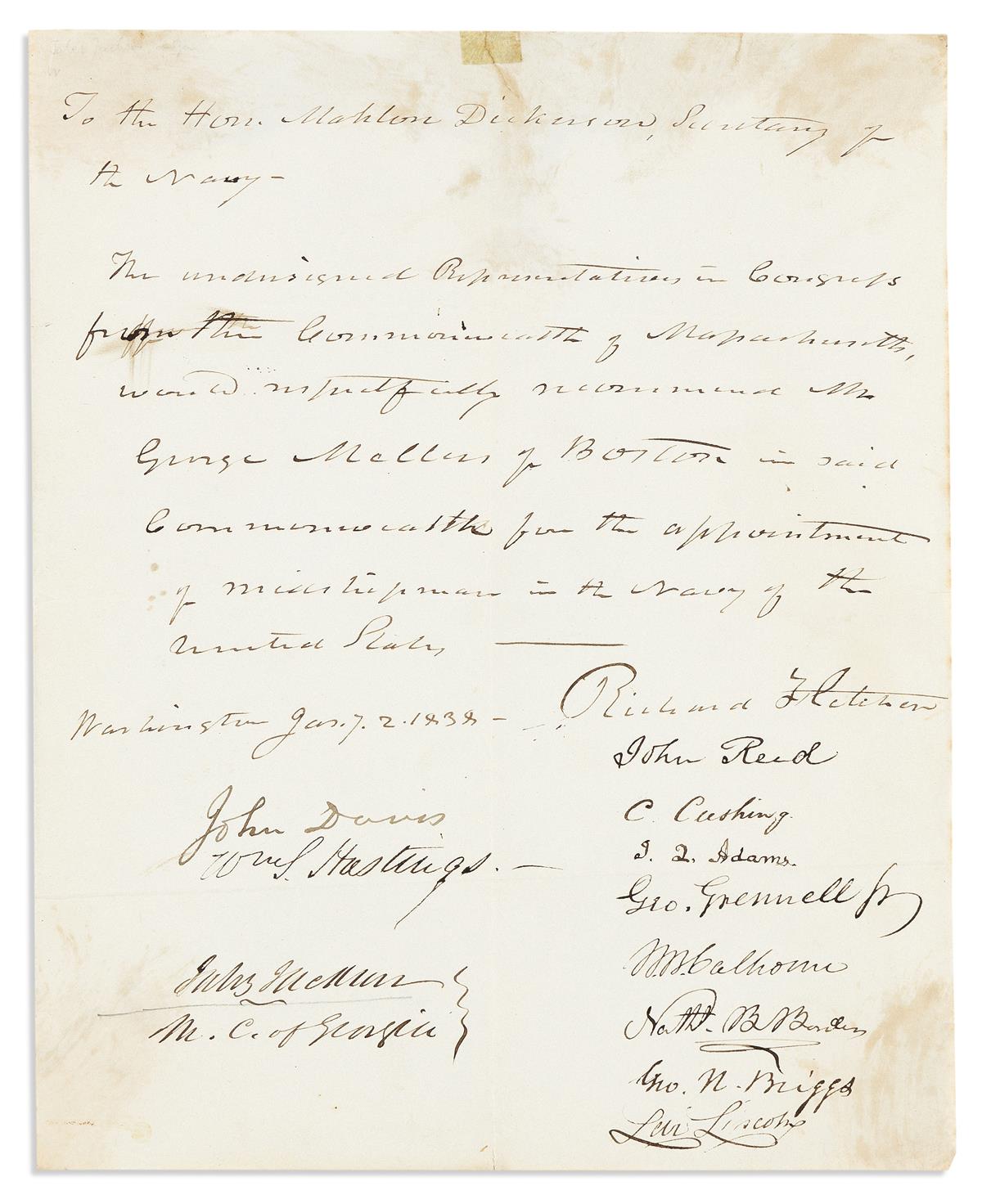 ADAMS, JOHN QUINCY. Signature, J.Q. Adams, as Representative, on a petition recommending George McClure[?] for a midshipman appointme